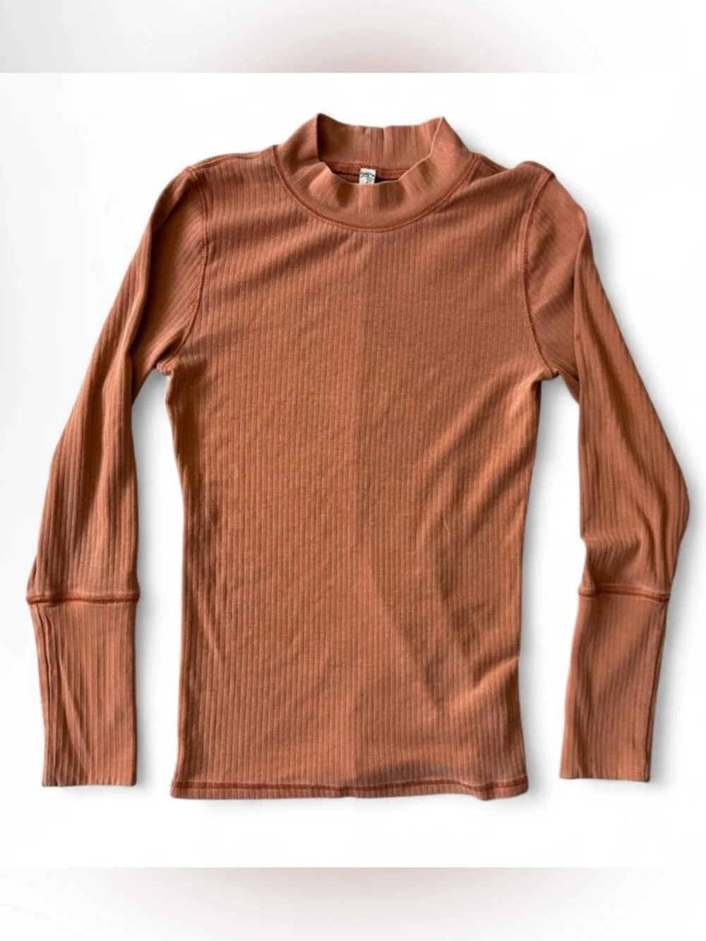FREE PEOPLE Ribbed Mock Neck Long Sleeve Sweater - Rust and Charcoal - Medium